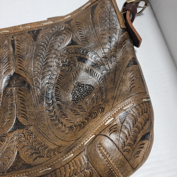 Leaders in Leather Handtooled Classic Tooled Shoulder Bag Medium Braided Strap - Picture 3 of 12